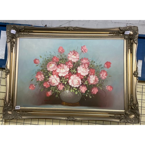 512 - OIL ON CANVAS STILL LIFE OF BOWL OF FLOWERS IN GLT SWEPT FRAME