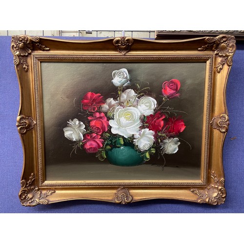 511 - OIL ON CANVAS LAID ON BOARD STILL LIFE BOWL OF ROSES IN GILT SWEPT FRAME