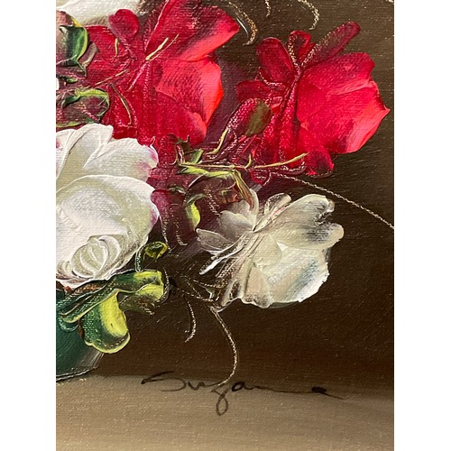 511 - OIL ON CANVAS LAID ON BOARD STILL LIFE BOWL OF ROSES IN GILT SWEPT FRAME