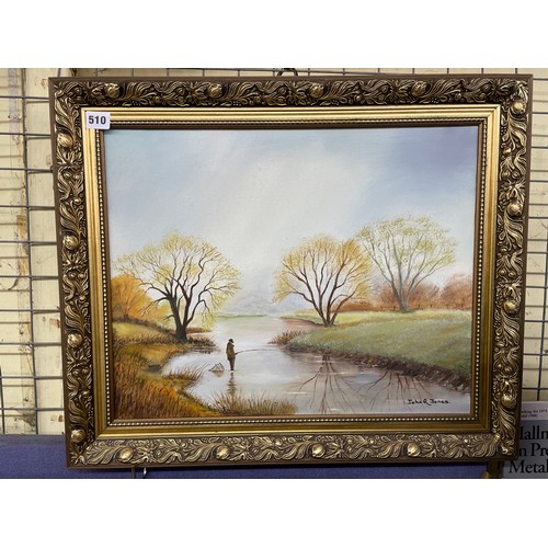 510 - OIL ON CANVAS FISHERMAN IN AUTUMN LANDSCAPE