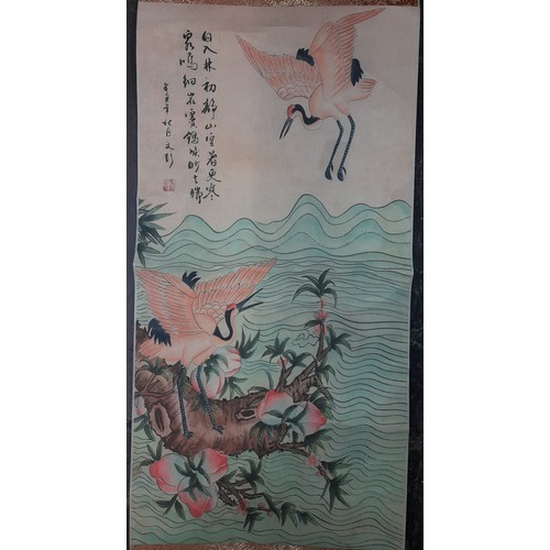 564 - JAPANESE HANGING SCROLL PAINTING OF CRANES AMIDST PEACH TREES