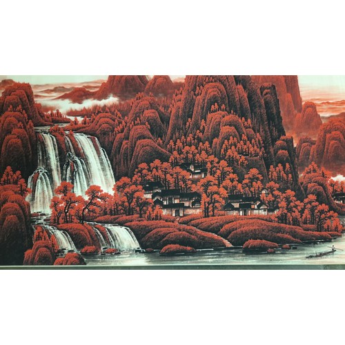 563 - CHINESE ROLLED PAINTING OF A WATERFALL LANDSCAPE LAID ON GOLD EMBOSSED PAPER