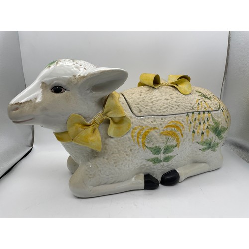 505 - RECUMBENT LAMB TUREEN AND COVER WITH LADEL