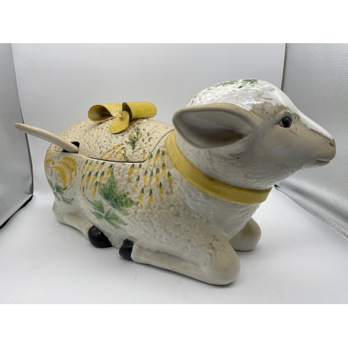 505 - RECUMBENT LAMB TUREEN AND COVER WITH LADEL