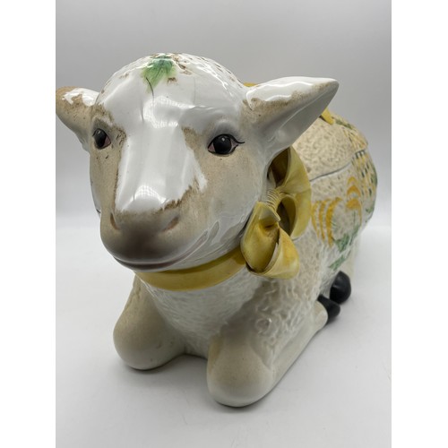 505 - RECUMBENT LAMB TUREEN AND COVER WITH LADEL