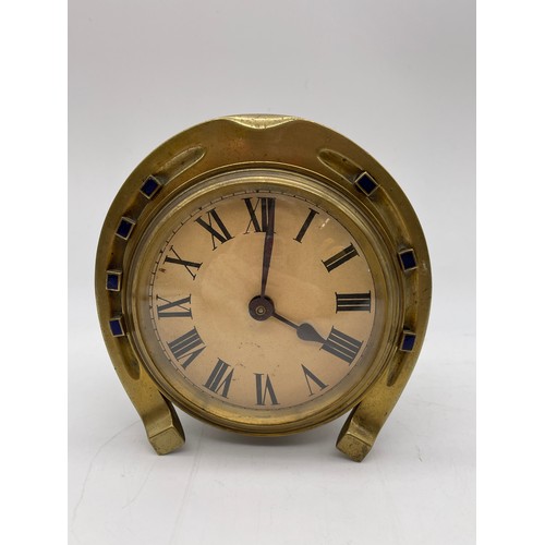 441 - BRASS HORSE SHOE AND BLUE ENAMEL DRUM MANTLE TIME PIECE