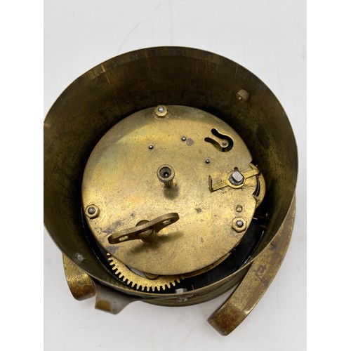 441 - BRASS HORSE SHOE AND BLUE ENAMEL DRUM MANTLE TIME PIECE