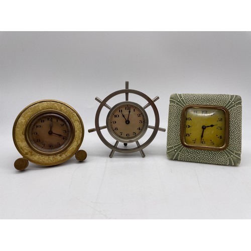 440 - SHIPS WHEEL DRUM MANTLE TIME PIECE, ART DECO CIRCULAR TIME PIECE, FAUX SHAGREEN CLOCK