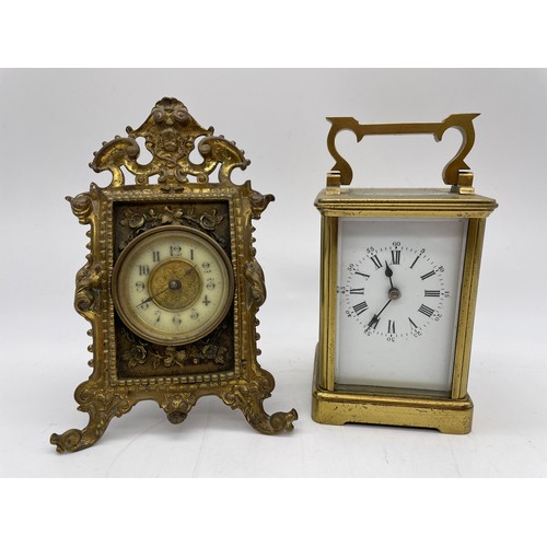 439 - BRASS CASED CARRIAGE CLOCK AND AN EASEL BACKED BRASS TIME PIECE