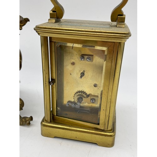 439 - BRASS CASED CARRIAGE CLOCK AND AN EASEL BACKED BRASS TIME PIECE