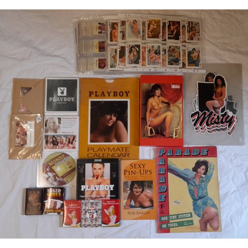 423 - SELECTION OF PLAYBOY CALENDARS, FHM MAGAZINES, EROTIC PLAYING CARDS AND RELATED EPHEMERA