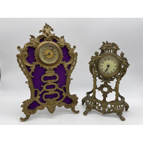 436 - GILT METAL ROCOCO FRAMED EASEL BACK TIME PIECE AND A CHERUB ROCOCO FRAMED DRUM TIME PIECE