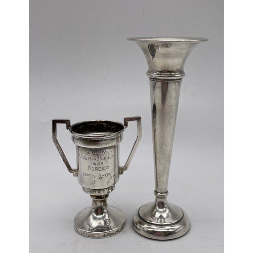 550 - BIRMINGHAM SILVER TRUMPET SPILL VASE AND A SILVER TWIN HANDLED TROPHEY