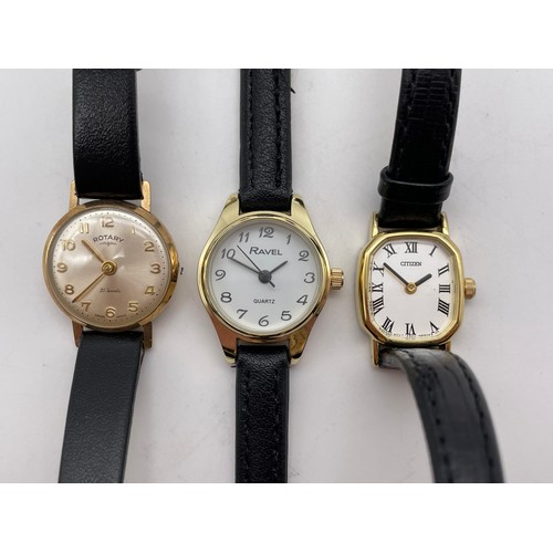 537 - LADIES CITIZEN, RAVEL, AND ROTARY WRIST WATCHES ON LEATHER STRAPS A/F