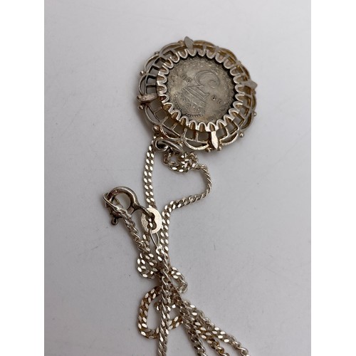 539 - SILVER FLAT CURB LINK CHAIN AND 1920 3D COIN MOUNTED PENDANT