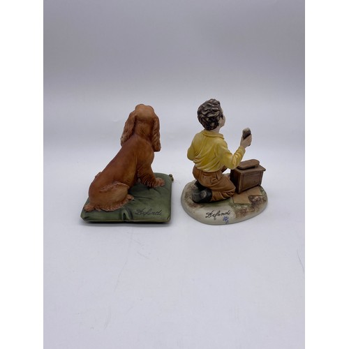 485 - CAPODIMONTE FIGURE GROUP OF SHOE SHINE BOY AND SEATED SPANIEL ON CUSHION