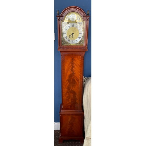 142A - FLAME MAHOGANY ARCH CASED REPRODUCTION LONG CASE CLOCK WITH BRASS DIAL SIGNED THORPE