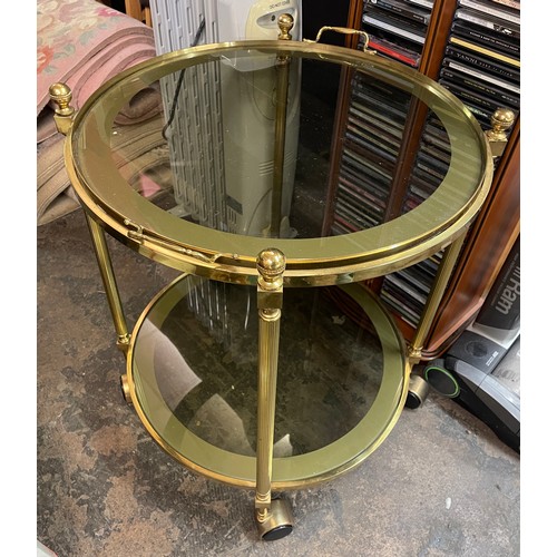 142D - GILT BRASS CIRCULAR GLASS TOP TWO TIER TRAY TOP TROLLEY