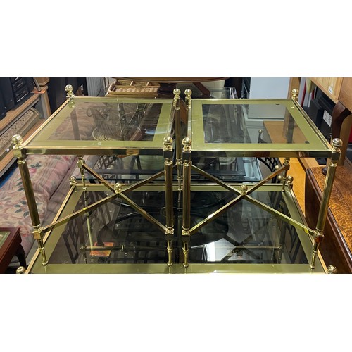 142F - PAIR OF GILT BRASS GLASS INSET LAMP TABLES WITH CROSS STRETCHERS