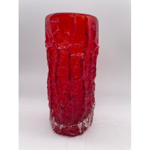 483 - LARGE WHITEFRIARS RED BARK EFFECT VASE BY GEOFFREY BAXTER