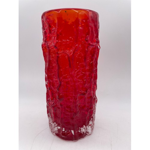 483 - LARGE WHITEFRIARS RED BARK EFFECT VASE BY GEOFFREY BAXTER