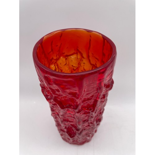 483 - LARGE WHITEFRIARS RED BARK EFFECT VASE BY GEOFFREY BAXTER