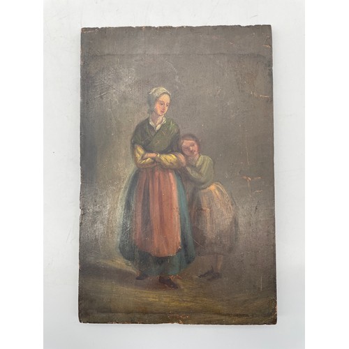 456 - 19TH CENTURY OIL ON PANEL MOTHER AND DAUGHTER 22cm x 15cm