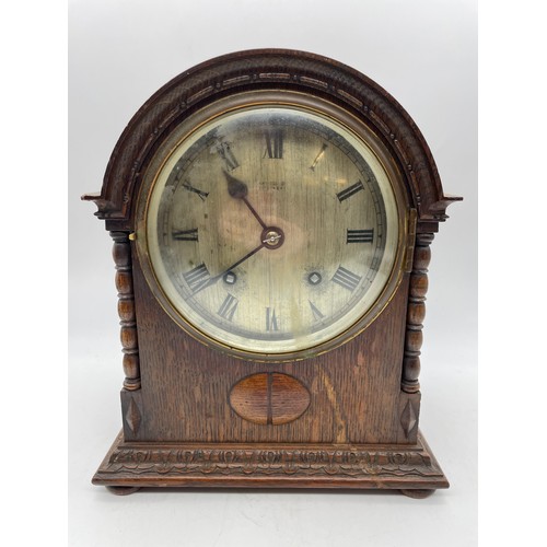 459 - OAK ARCH CASED CHIMING MANTLE CLOCK