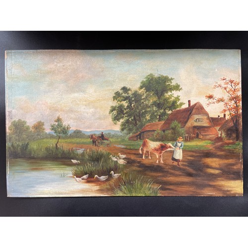 602 - OILS ON BOARD 20TH CENTURY ENGLISH SCHOOL FIGURES AND ANIMALS ON A LANE BEFORE DUCK POND 29cm x 46cm