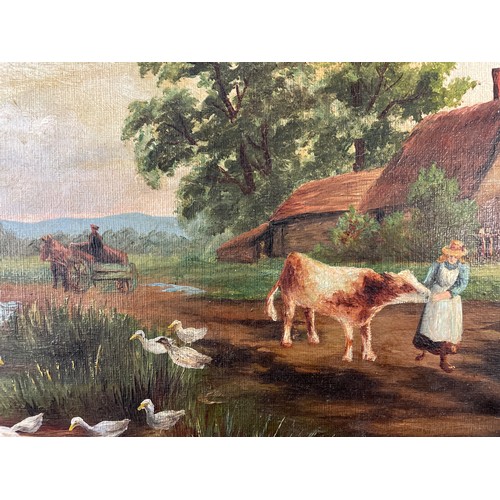 602 - OILS ON BOARD 20TH CENTURY ENGLISH SCHOOL FIGURES AND ANIMALS ON A LANE BEFORE DUCK POND 29cm x 46cm