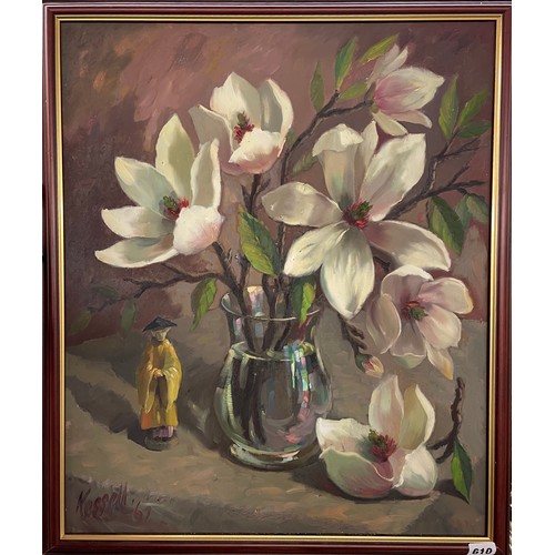 603 - JAMES KESSEL 1915-77 SIGNED AND DATED '69' STILL LIFE VASE OF MAGNOLIA AND A CHINA FIGURE