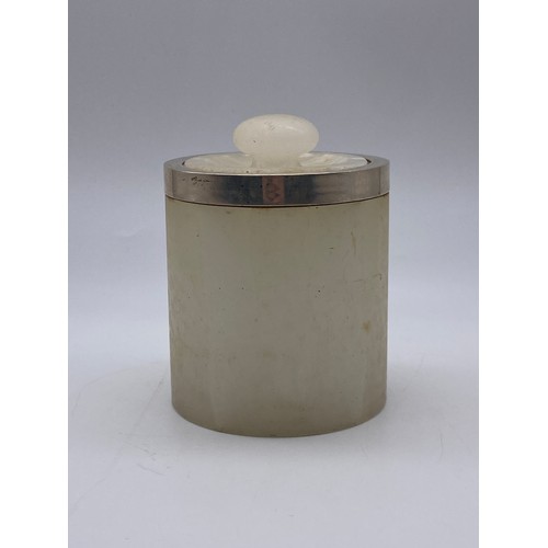 454 - LONDON SILVER RIMMED ONYX TOBACCO JAR AND COVER