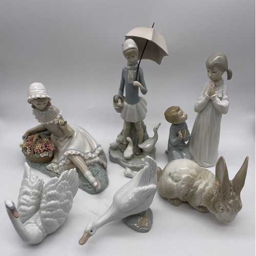 444 - LLADRO AND NAO GIRL FIGURE GROUPS, GEESE AND A SWAN (SOME A/F)