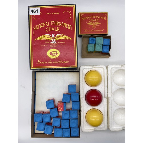 461 - SNOOKER HALL TOURNAMENT CUE CHALK AND BILLIARD BALLS