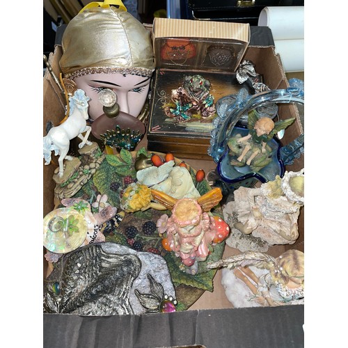 599 - CARTON CONTAINING CERAMIC WALL MASK, FAIRY FIGURES, GLASS BASKET AND OTHER ORNAMENTS