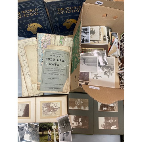 504 - BOX OF PHOTOGRAPHS, SMALL PHOTOGRAPH ALBUM, ZULU LAND MAPS, AND EPHEMERA