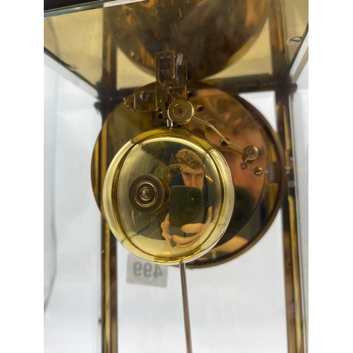 499 - GILT METAL CASED FRENCH FOUR PANE CLOCK WITH DOUBLE WEIGHT MOVEMENT AND KEYS