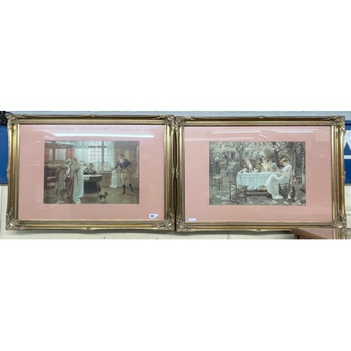 28 - PAIR OF VICTORIAN LITHOGRAPHIC STYLE GENRE SCENE PRINTS IN GILT SWEPT FRAMES