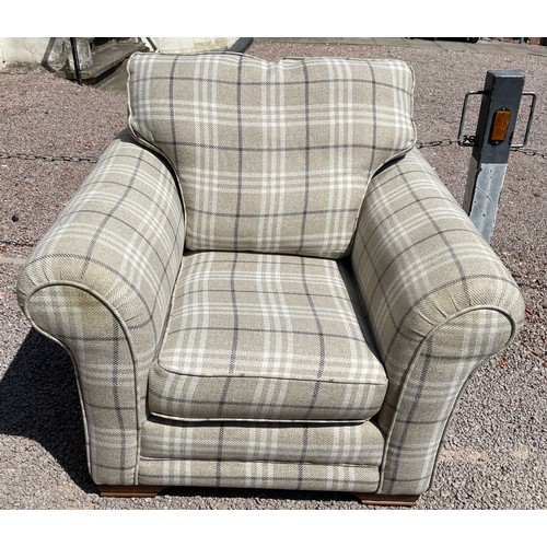 148 - OATMEAL TARTAN UPHOLSTERED ARMCHAIR AND SCATTER CUSHIONS