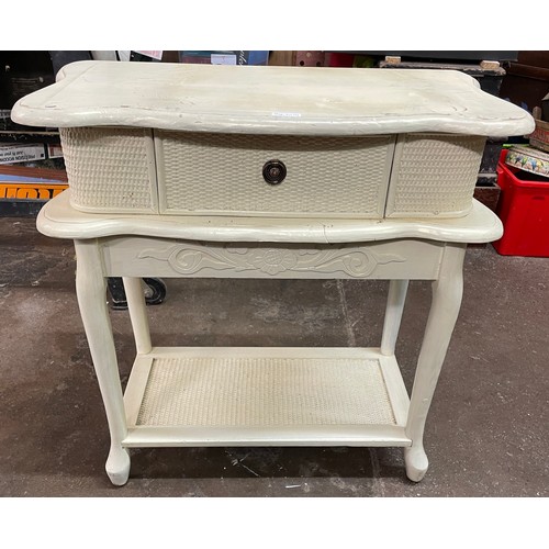 240 - CREAM PAINTED AND LATTICE WEAVE SIDE TABLE