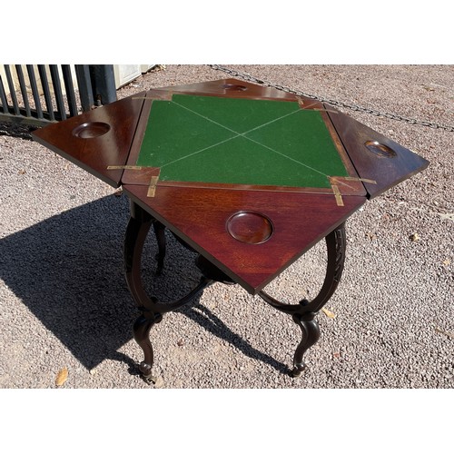 107 - EDWARDIAN MAHOGANY CARVED ENVELOPE GAMES TABLE WITH UNDERTIER