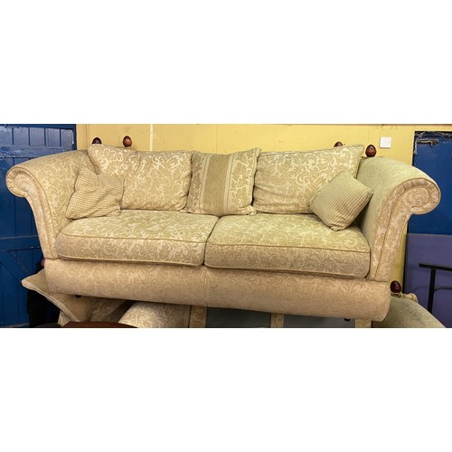 133 - GOLD BROCADE FABRIC KNOWLE TYPE SOFAS, ARMCHAIR AND FOOTSTOOL