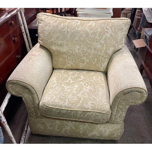 133 - GOLD BROCADE FABRIC KNOWLE TYPE SOFAS, ARMCHAIR AND FOOTSTOOL