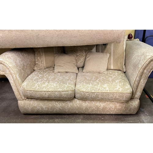 133 - GOLD BROCADE FABRIC KNOWLE TYPE SOFAS, ARMCHAIR AND FOOTSTOOL