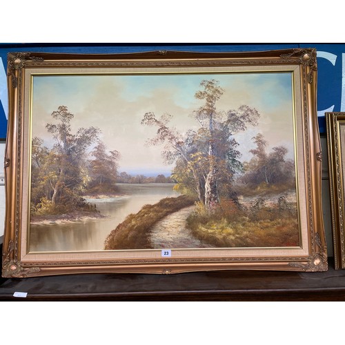 23 - LARGE OIL ON CANVAS OF THE BEND IN THE RIVER IN GILT SWEPT FRAME