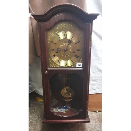 48 - REPRODUCTION MAHOGANY ARCHED CASED PENDULUM WALL CLOCK
