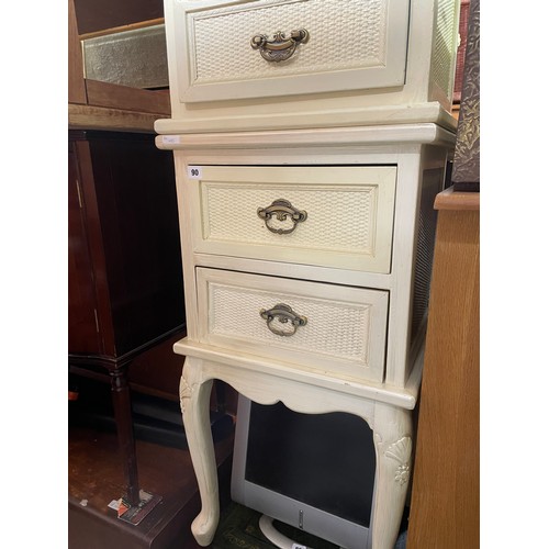 90 - PAIR OF CREAM PAINTED TWO DRAWER LATTICE BEDSIDE CHESTS