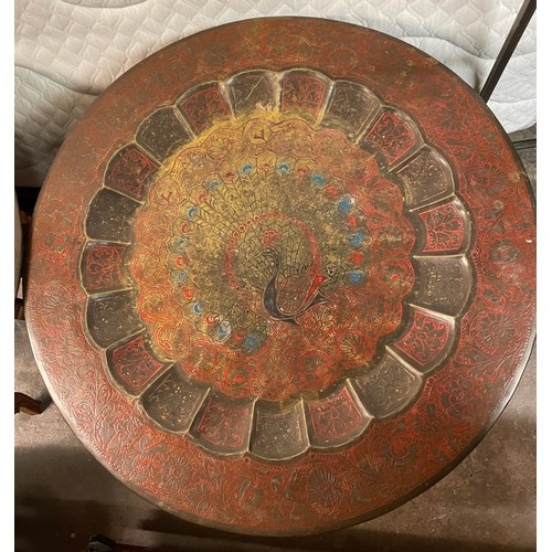 222 - TWO BRASS AND ENAMELLED CIRCULAR DISH TOP TABLES WITH FOLDING CARVED BASE