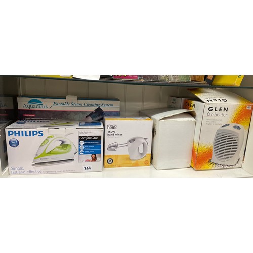 244 - SHELF OF BOXED HOME APPLIANCES INCLUDING STEAM CLEANING SYSTEM, IRON, HAND MIXER AND HEATER