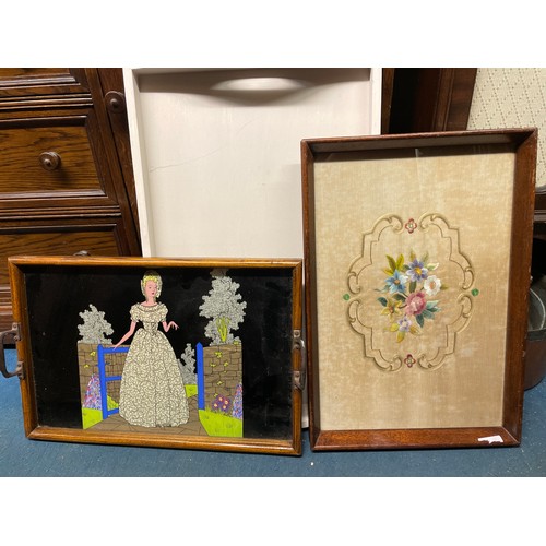 7 - SILK WORKED NEEDLE POINT PANEL GLAZED GALLERY TRAY AND A CRINOLINE LADY GALLERY TRAY